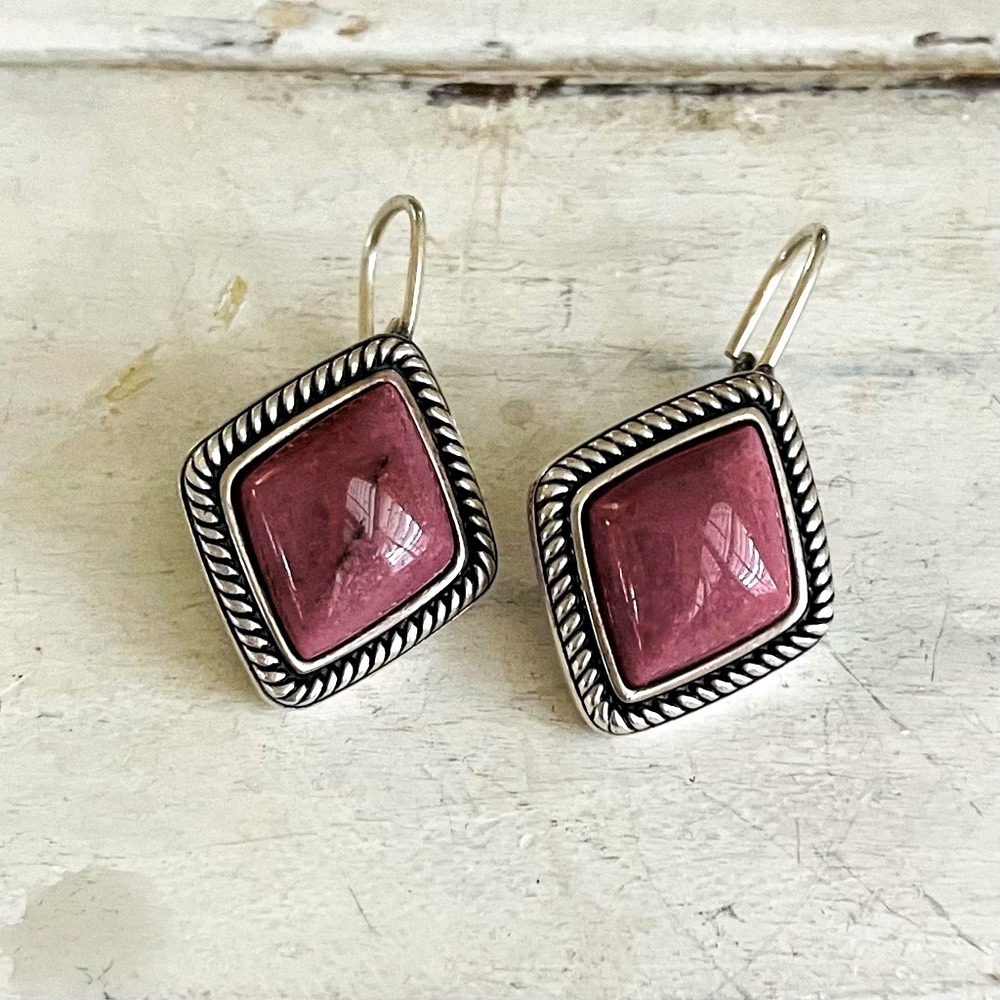 Vintage sterling silver pink rhodochrosite braided earrings